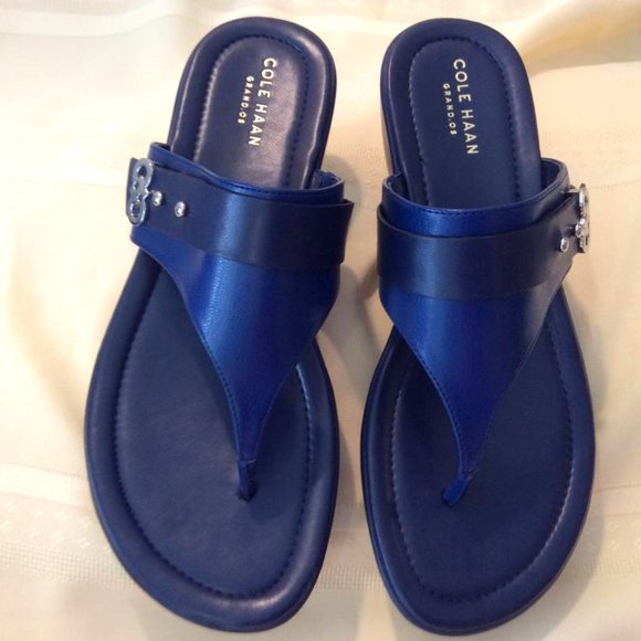 Cole Haan Shoes - Cole Haan Wedgie Sandals NWOT Navy Blue leather with silver details Size 7.5